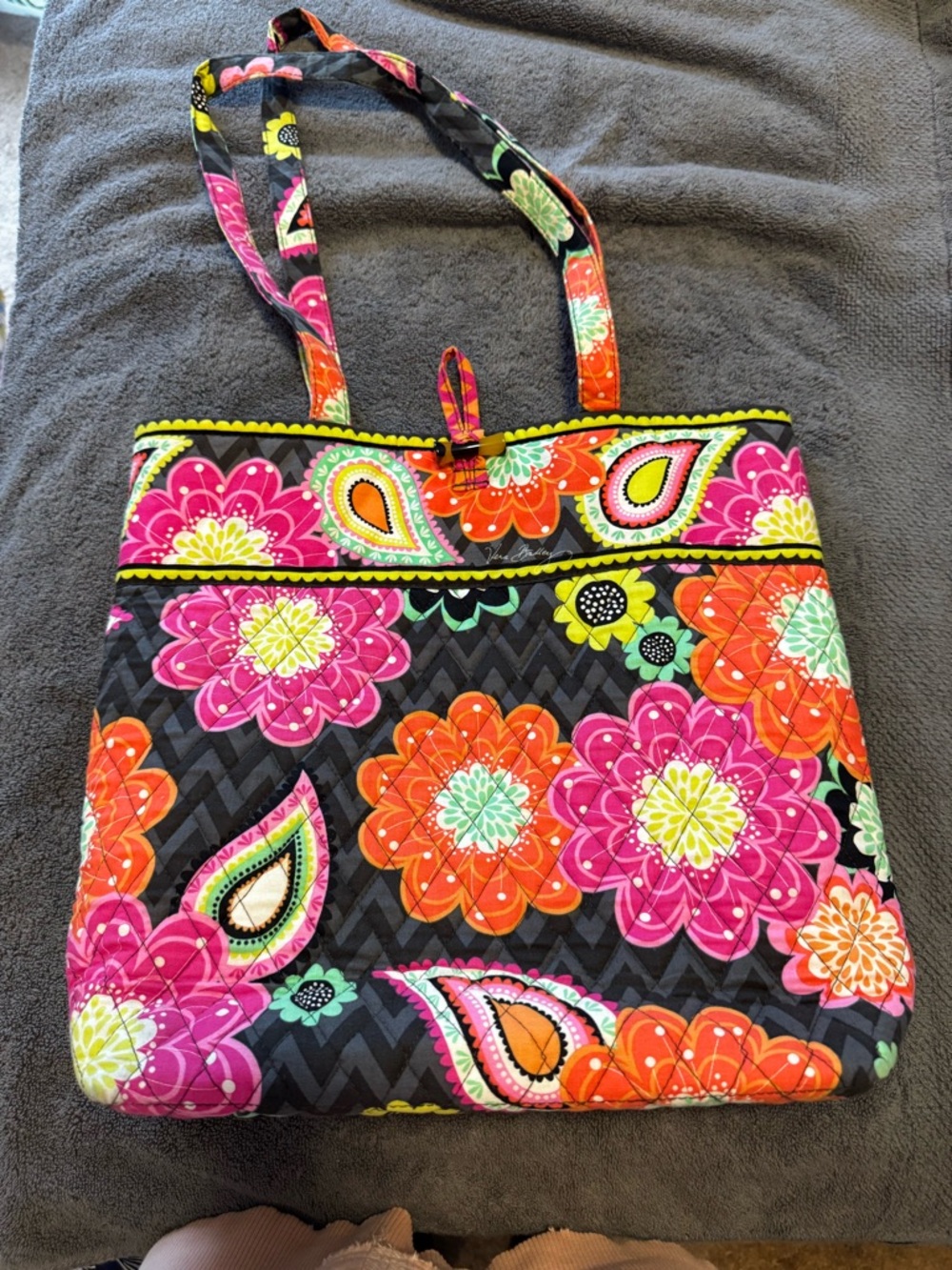 Vera Bradley Black Quilted Shoulder Tote with Pink, Orange & Yellow Floral Print